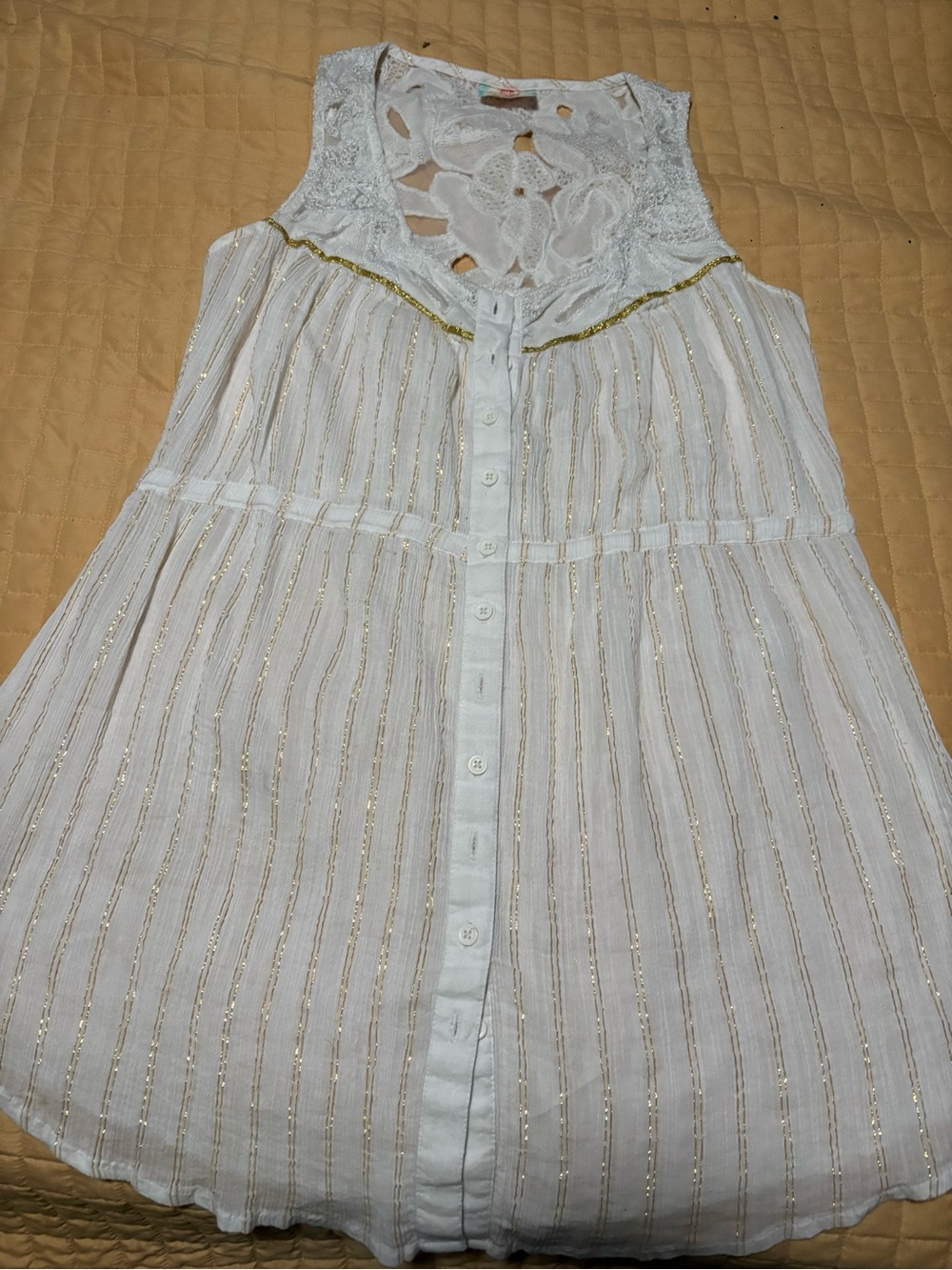 FREE PEOPLE Girls' White Lace & Gold-Stripe Button-Front blouse